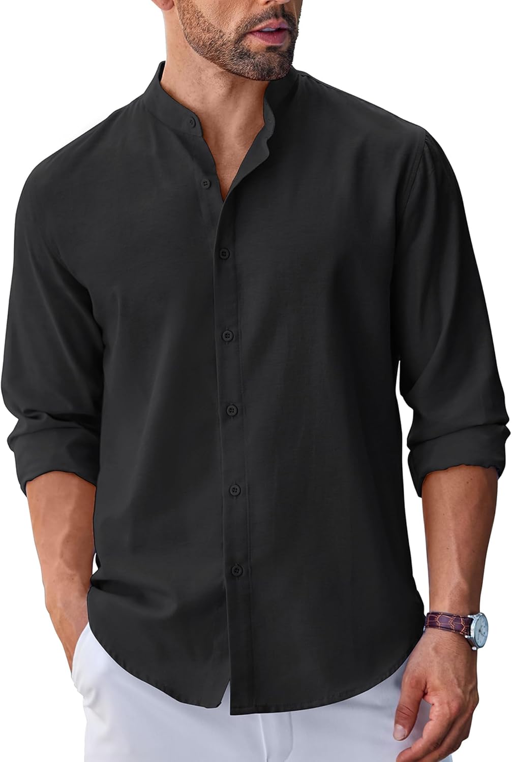 Men’s Long Sleeve Oxford Dress Shirts Chambray Button Down Shirt Casual Band Collar Shirts