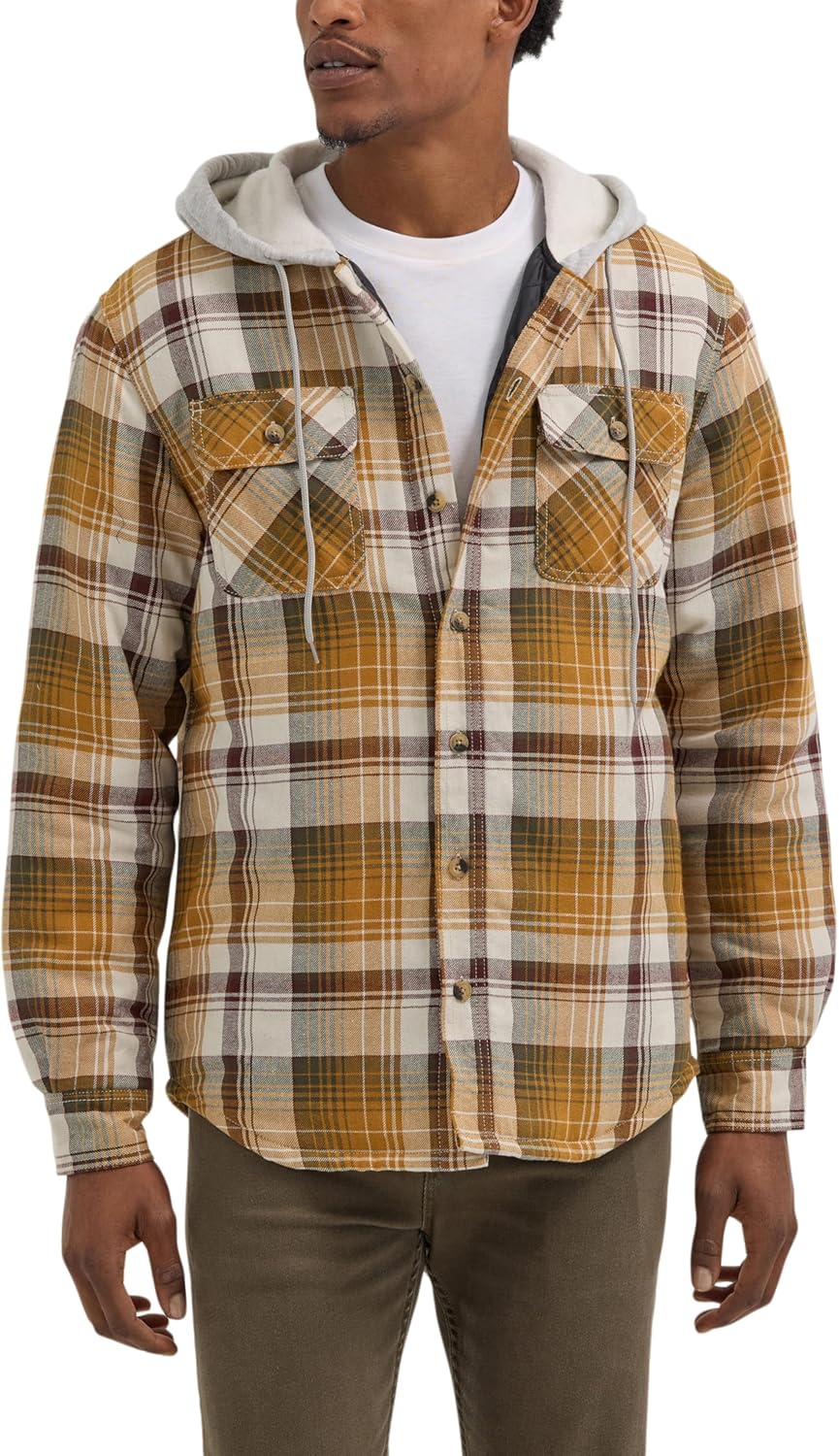 Men’s Long Sleeve Quilted Lined Flannel Shirt Jacket with Hood