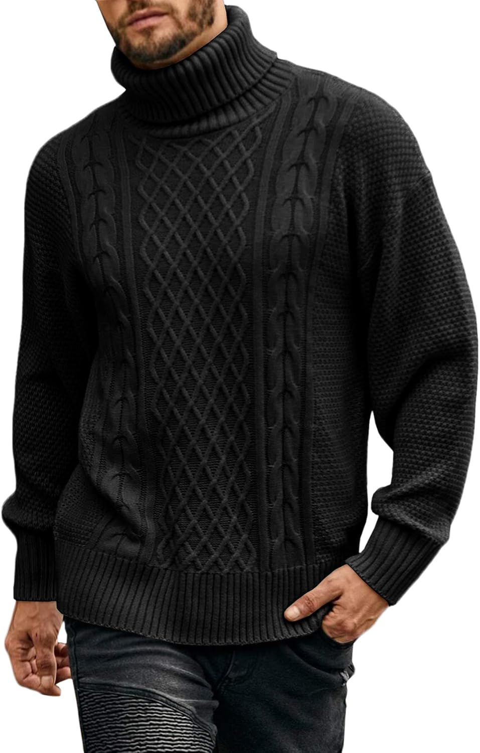 Men’s Turtleneck Sweater Pullover Twisted Pattern Casual Loose Fit Thick Winter Long Sleeve Cable Knit Sweaters