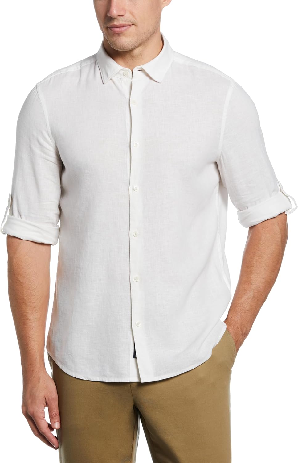 Men’s Untucked Slim Fit Linen-Blend Rolled-Sleeve Shirt with Stand Collar and Striped Detail