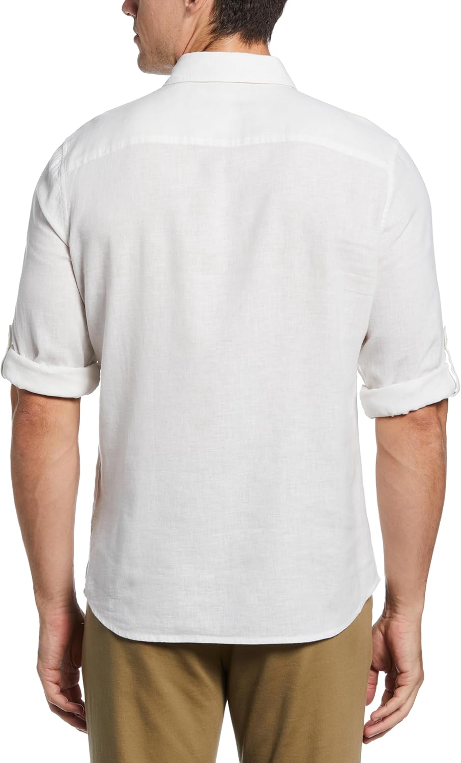 Men’s Untucked Slim Fit Linen-Blend Rolled-Sleeve Shirt with Stand Collar and Striped Detail